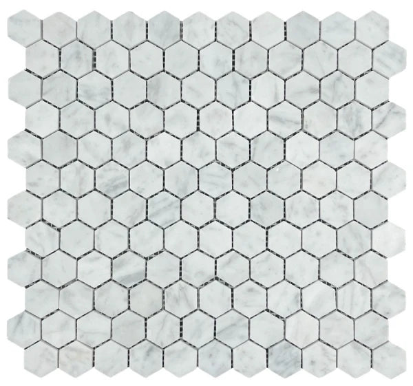 Hexagonal Carrara honed marble mosaic, a classic bungalow bathroom floor