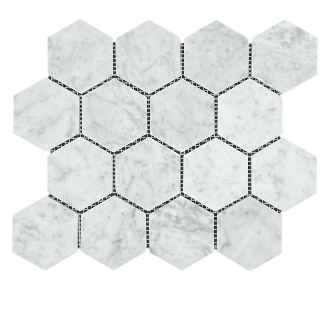 HEXAGON CARRARA HONED CHIP SIZE 70X80X10MM SHEET SIZE 289X250 - 70HEXCARH -04