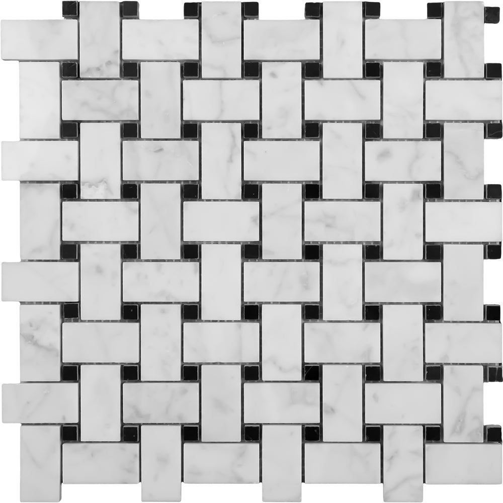 BASKETWEAVE CARRARA TUMBLED + NERO DOT CHIP SIZE: 25X48x10MM SHEET SIZE 305X305 - BASKETWEAVE CARRARA TUMBLED -02