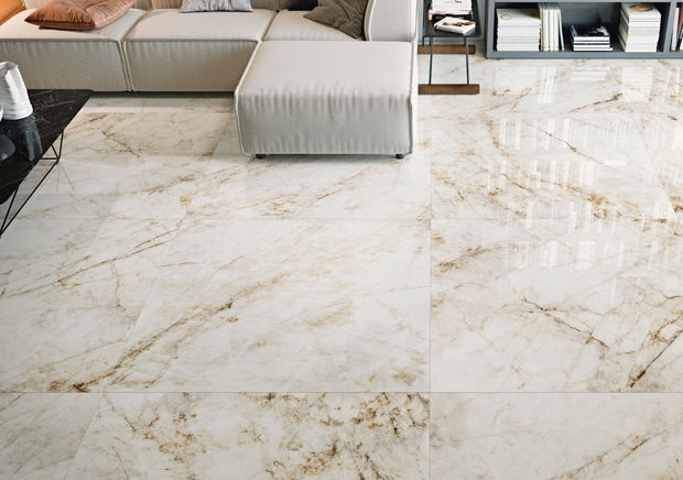Lumia Cuarzo Reno Marble Look Porcelain Tiles in a room setting