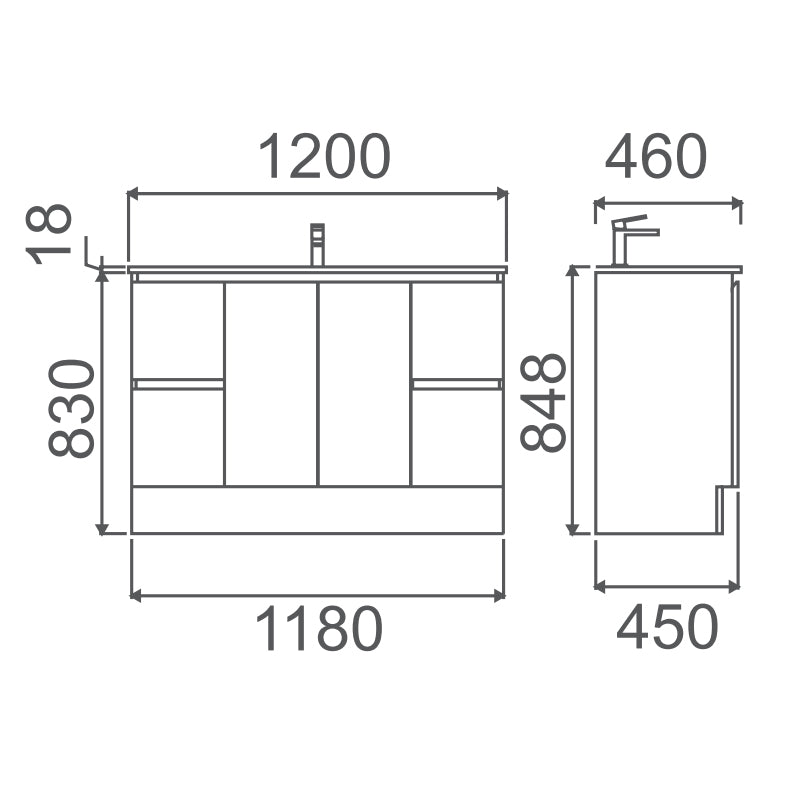 Zenmo Nutro Lux Floor Standing Vanity 1200mm line drawing