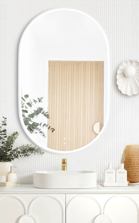 Otti LED Noosa 900(H)x600(W) White Metal Frame Tuffi Mirror- Install Horizontal or Vertical