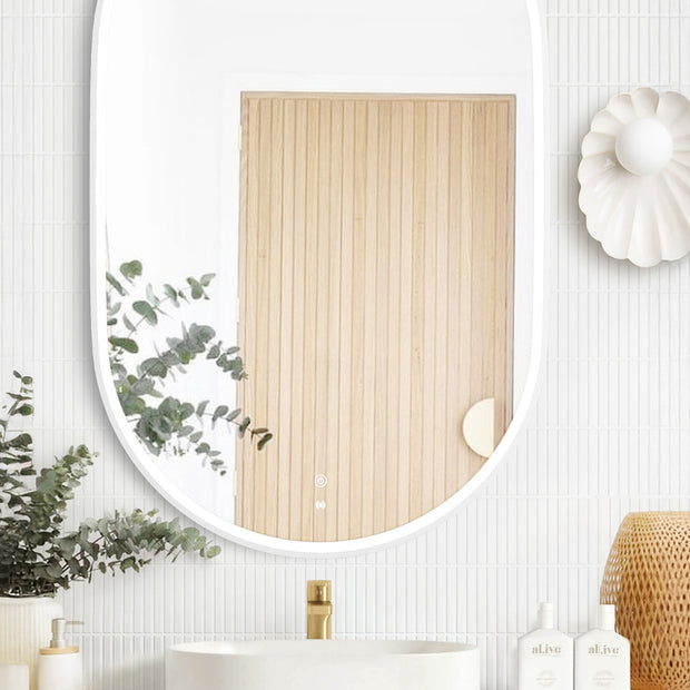 LED Noosa 900(H)x600(W) White Metal Frame Tuffi Mirror- Install Horizontal or Vertical