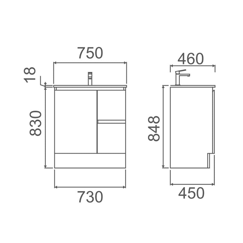 Zenmo Roxio Floor Standing Vanity 750mm line drawing