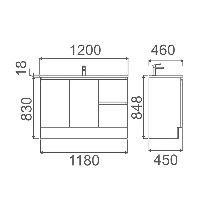 Zenmo Roxio Floor Standing Vanity 1200mm line drawing