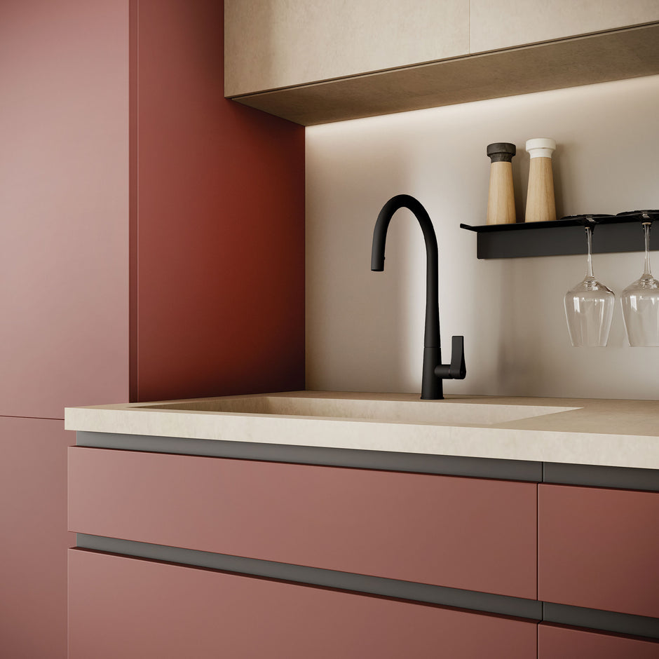 Gessi Proton Goose Neck Pull Out Mixer in a styled room