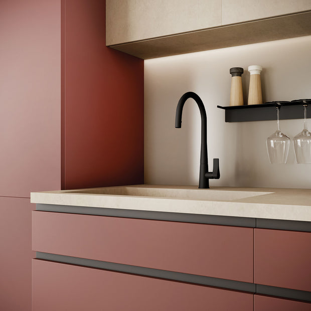 Gessi Proton Goose Neck Pull Out Mixer in a styled room