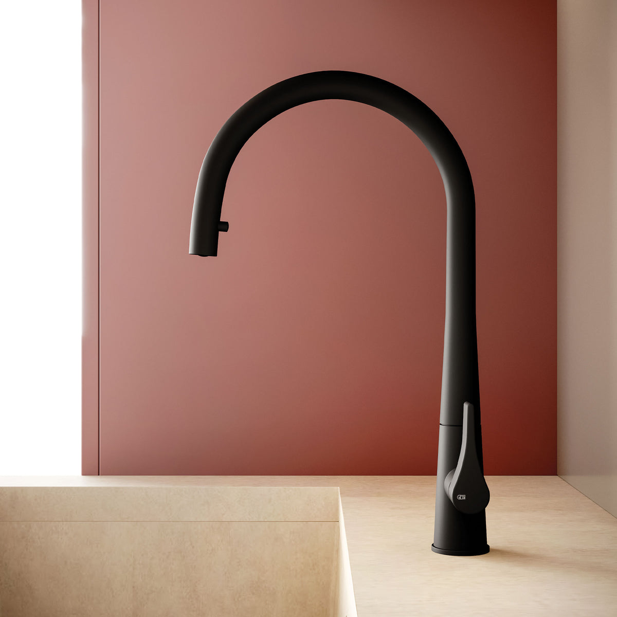 Gessi Proton Goose Neck Pull Out Mixer in a styled room