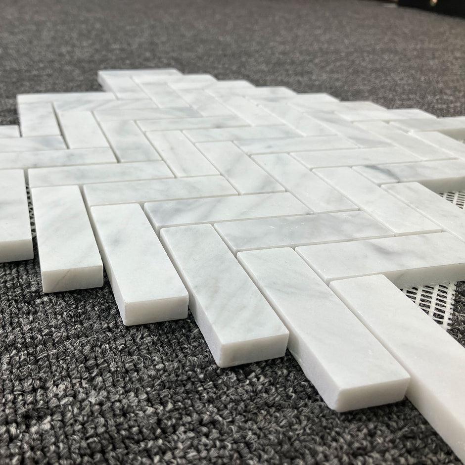 Carrara Herringbone Soft Matt Porcelain Mosaic laid tile layout