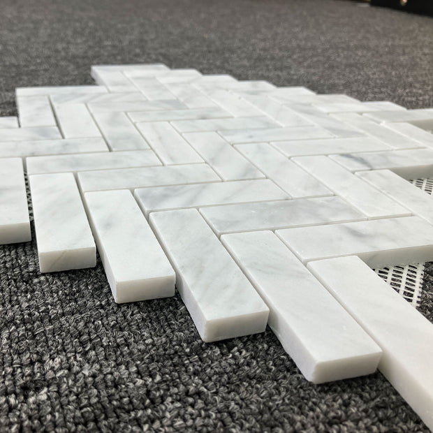 Carrara Herringbone Soft Matt Porcelain Mosaic laid tile layout
