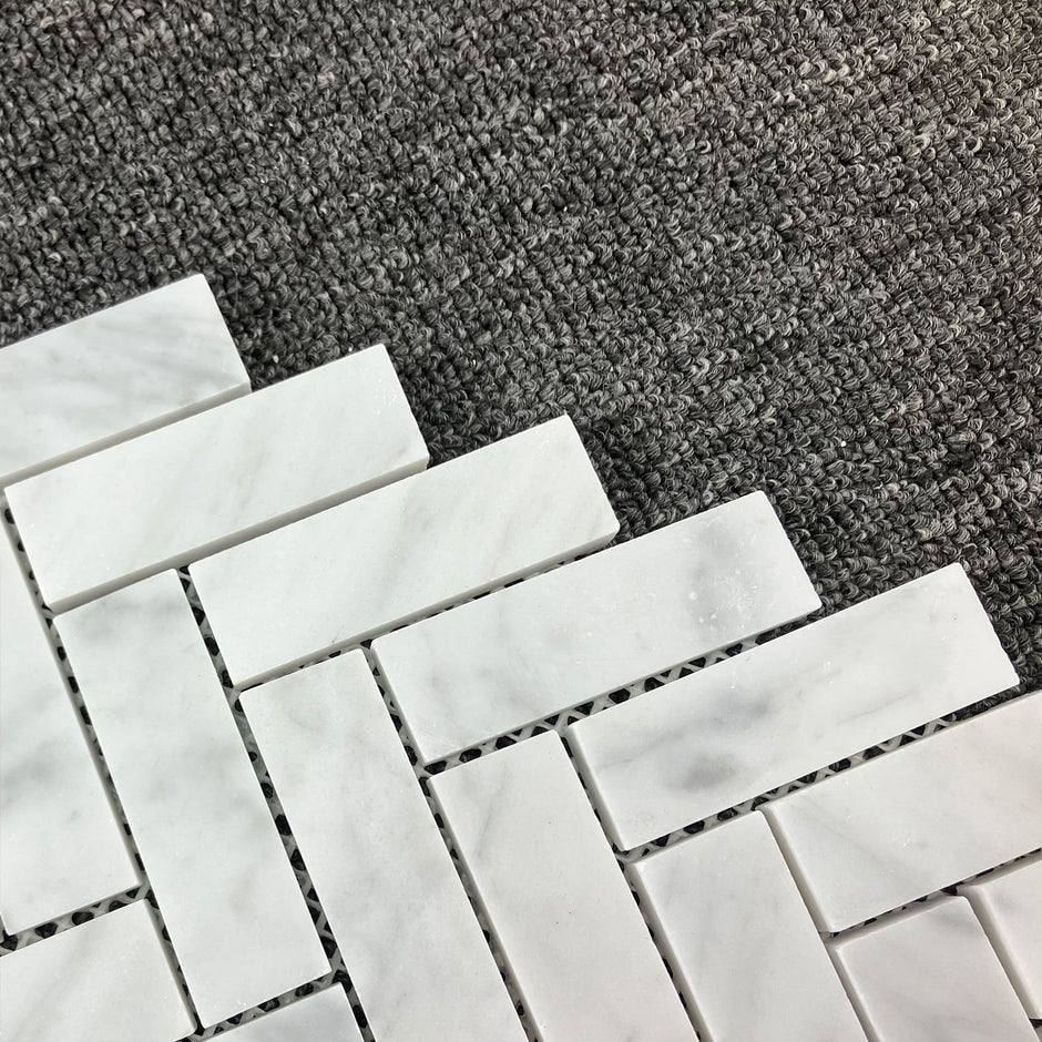 Carrara Herringbone Soft Matt Porcelain Mosaic laid tile layout