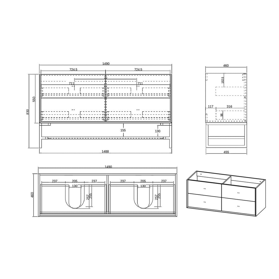 Boston 1500x460x550 wall hung Light Grey Plywood Cabinet for Double bowls basin  ( Brushed Gold Handle ) BS1500W