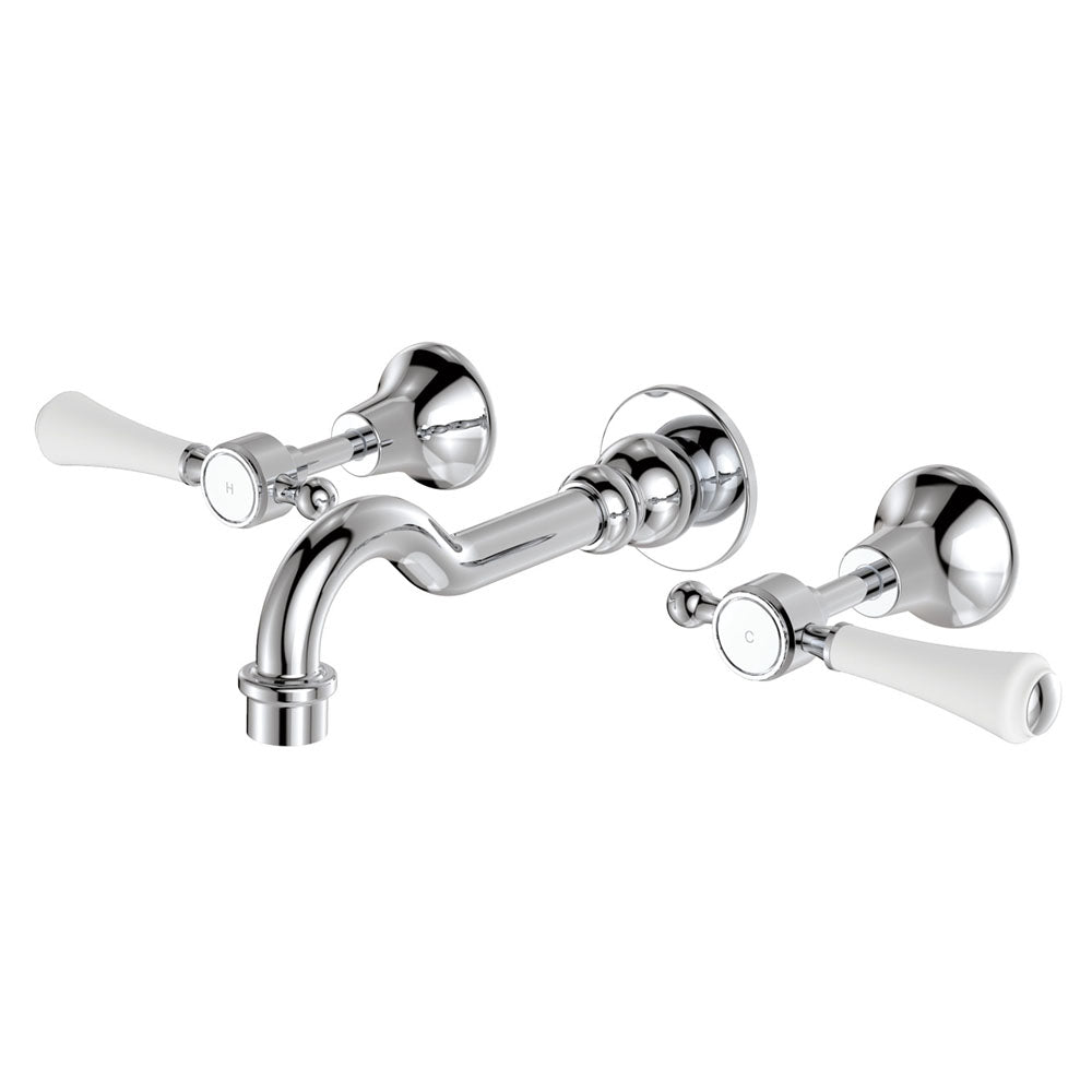 Lillian Lever Basin/Bath Wall Set in Chrome with Ceramic White Handle
