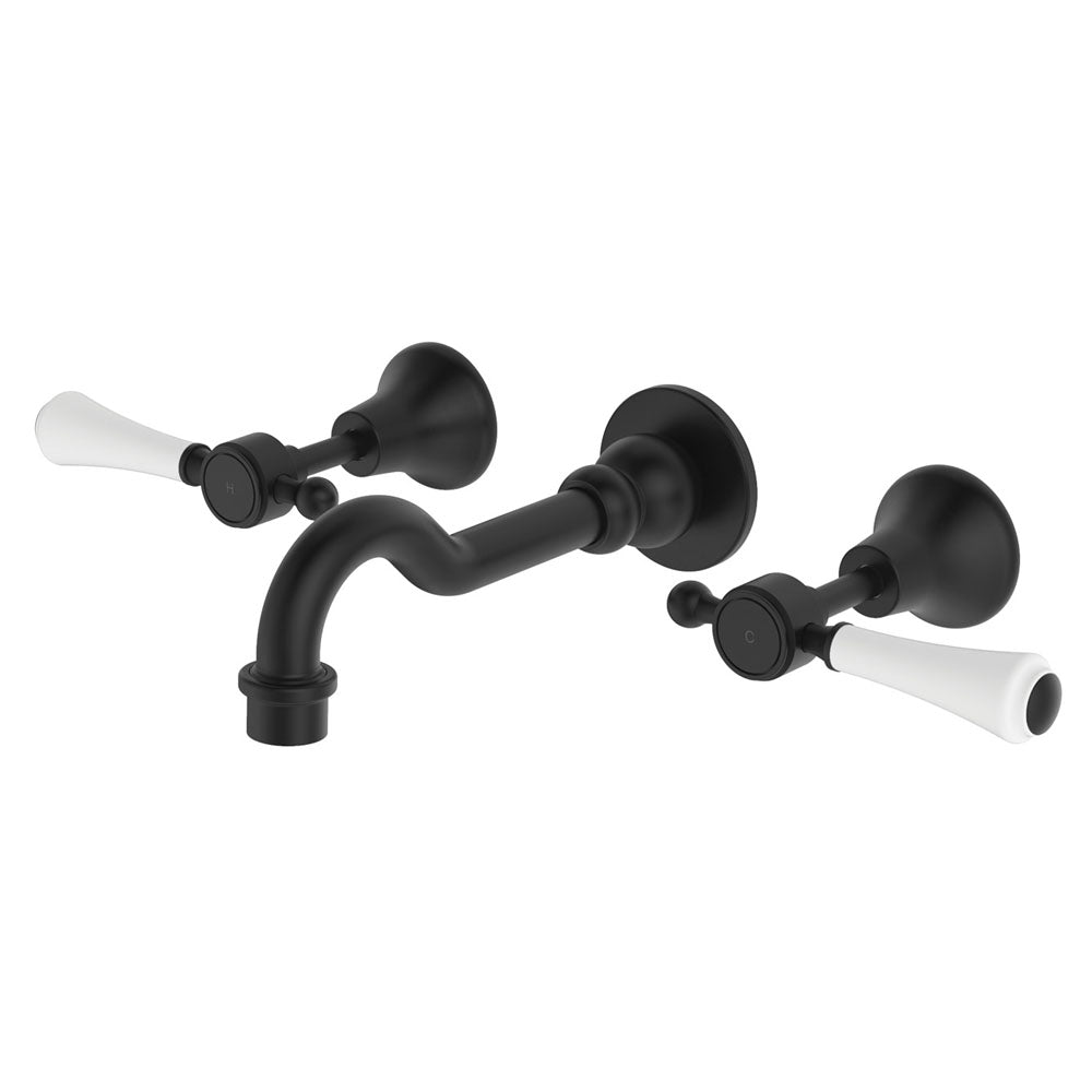 Lillian Lever Basin/Bath Wall Set in Matte Black with Ceramic White Handle