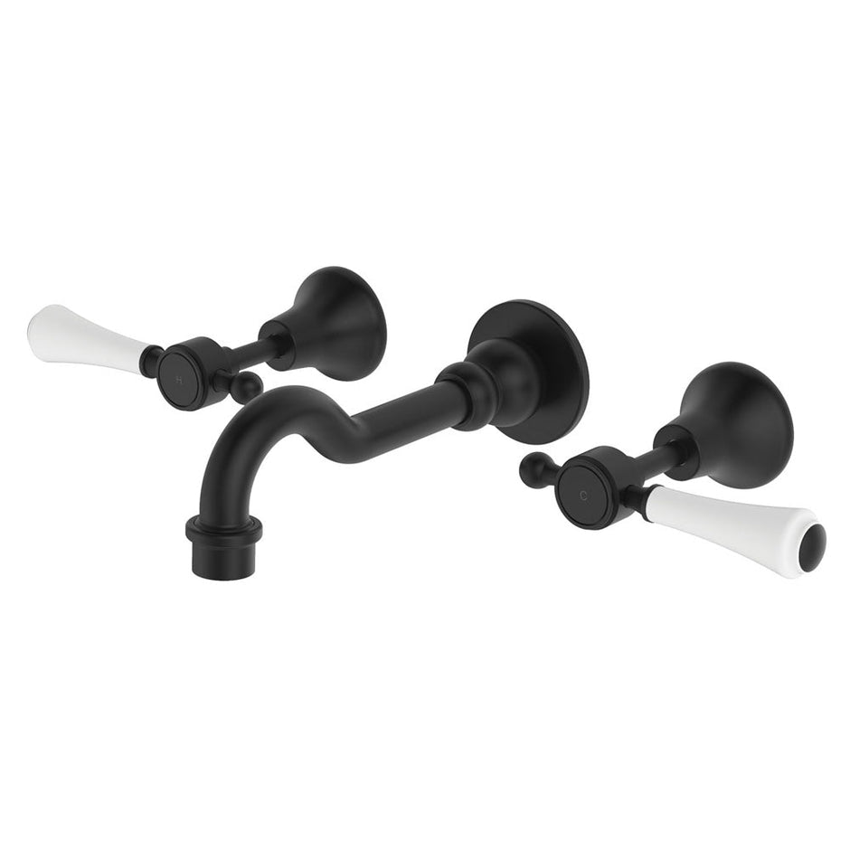 Lillian Lever Basin/Bath Wall Set in Matte Black with Ceramic White Handle