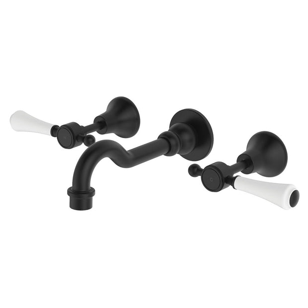 Lillian Lever Basin/Bath Wall Set in Matte Black with Ceramic White Handle