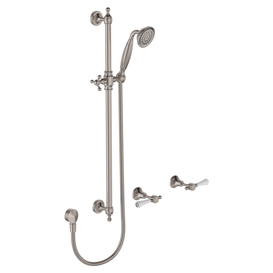 Lillian Lever Rail Shower Set in Brushed Nickel with Ceramic White Handle