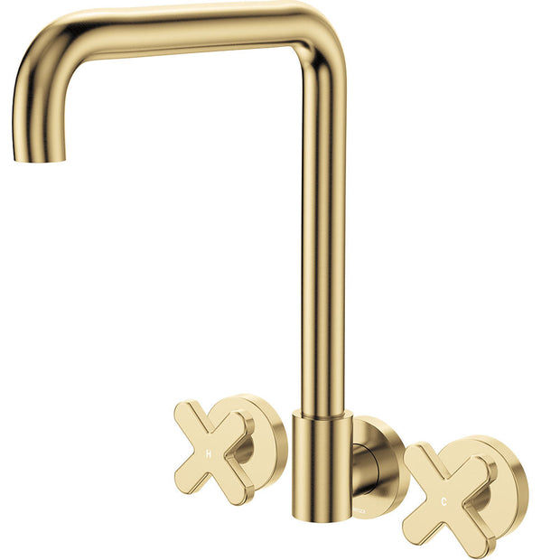 Kaya Squareline Wall Set, Cross Taps in Urban Brass