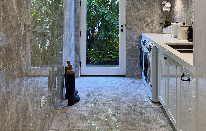 Euromarmo Grigio Marble Look Porcelain Tiles in a room setting
