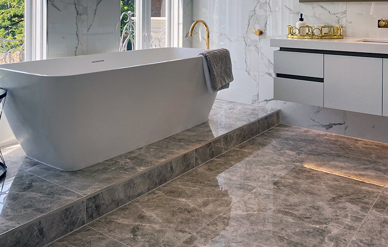 Euromarmo Grigio Marble Look Porcelain Tiles in a room setting