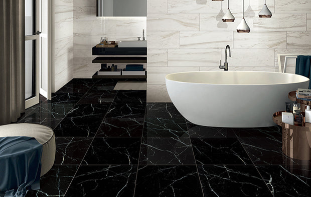 Euromarmo Nero Marquina Polished Marble Look Porcelain Tiles in a room setting