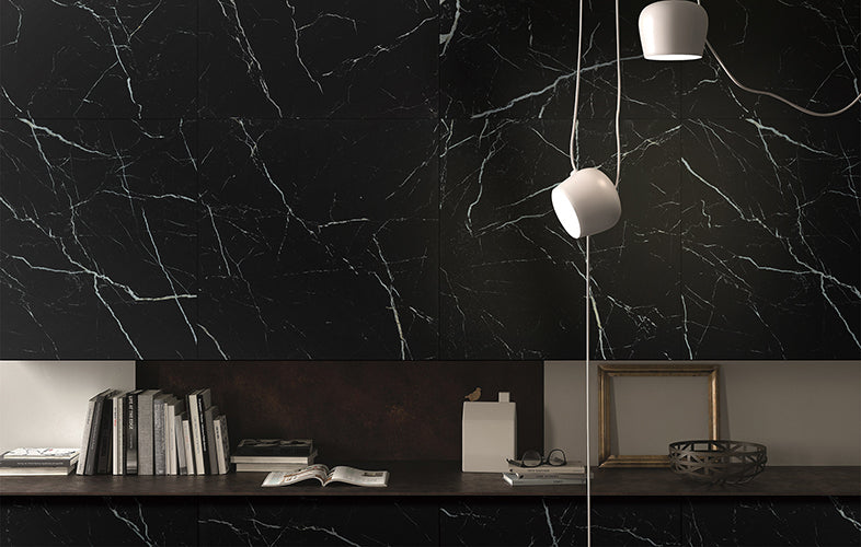 Euromarmo Nero Marquina Polished Marble Look Porcelain Tiles in a room setting