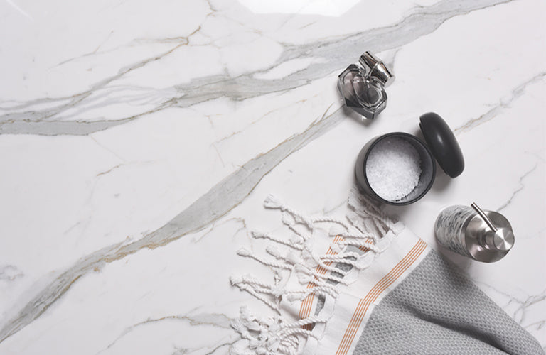 Euromarmo Statuario Venato Marble Look Porcelain Tiles in a room setting