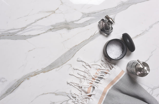 Euromarmo Statuario Venato Marble Look Porcelain Tiles in a room setting