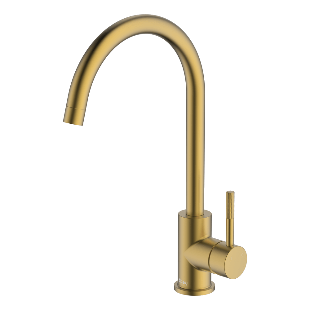 Lucia Knurled Handle Goose Sidelever Mixer in Brushed Brass