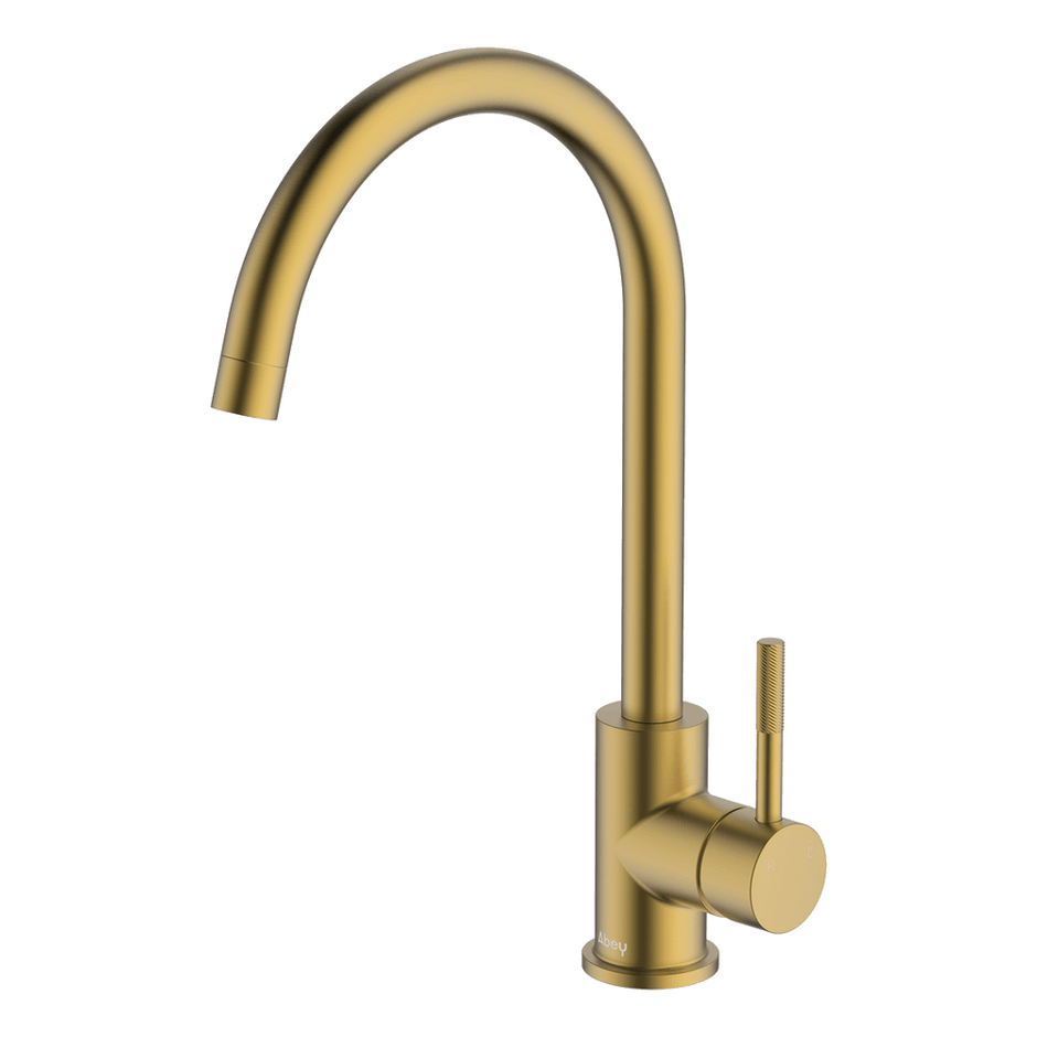 Lucia Knurled Handle Goose Sidelever Mixer in Brushed Brass