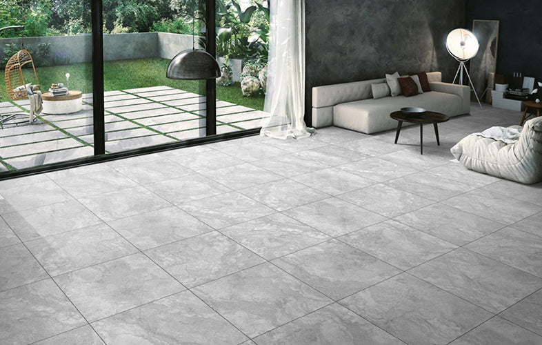 Romestone Argento Travertine Look Porcelain Tiles in a room setting