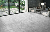 Romestone Argento Travertine Look Porcelain Tiles in a room setting