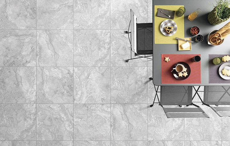 Romestone Argento Travertine Look Porcelain Tiles in a room setting