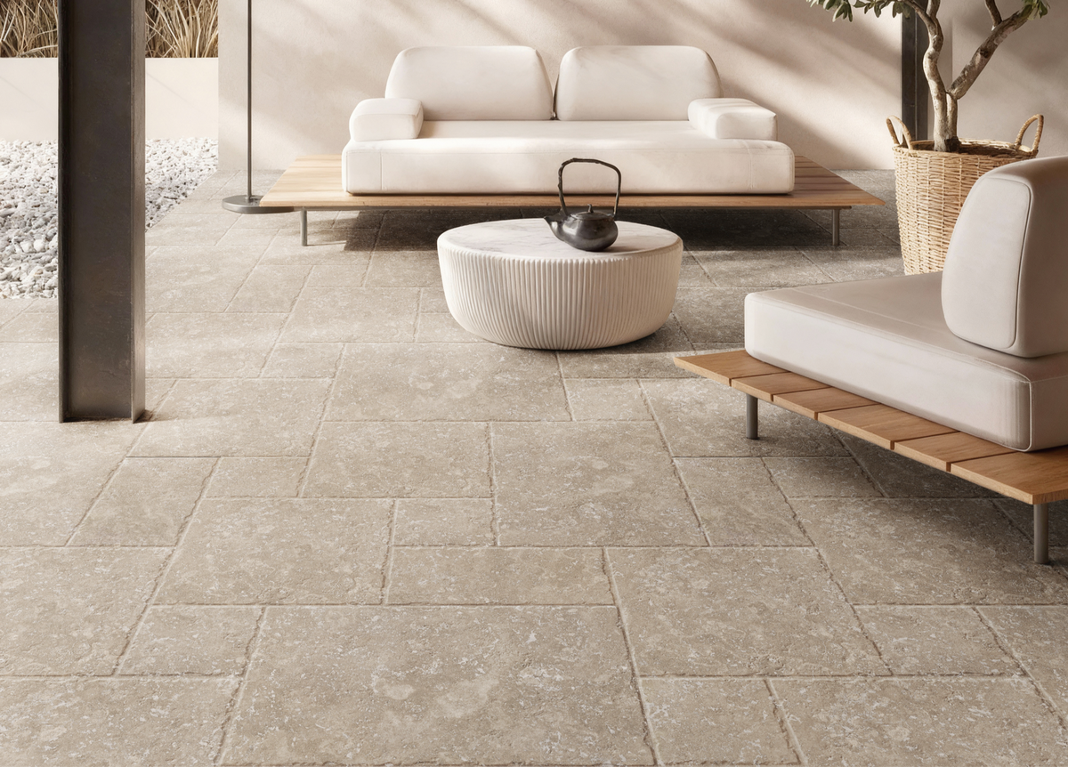 Bari Beige Travertine Look Porcelain Tiles grip tile 600x600