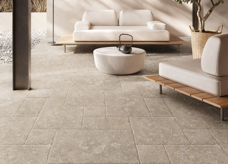 Bari Beige Travertine Look Porcelain Tiles grip tile 600x600