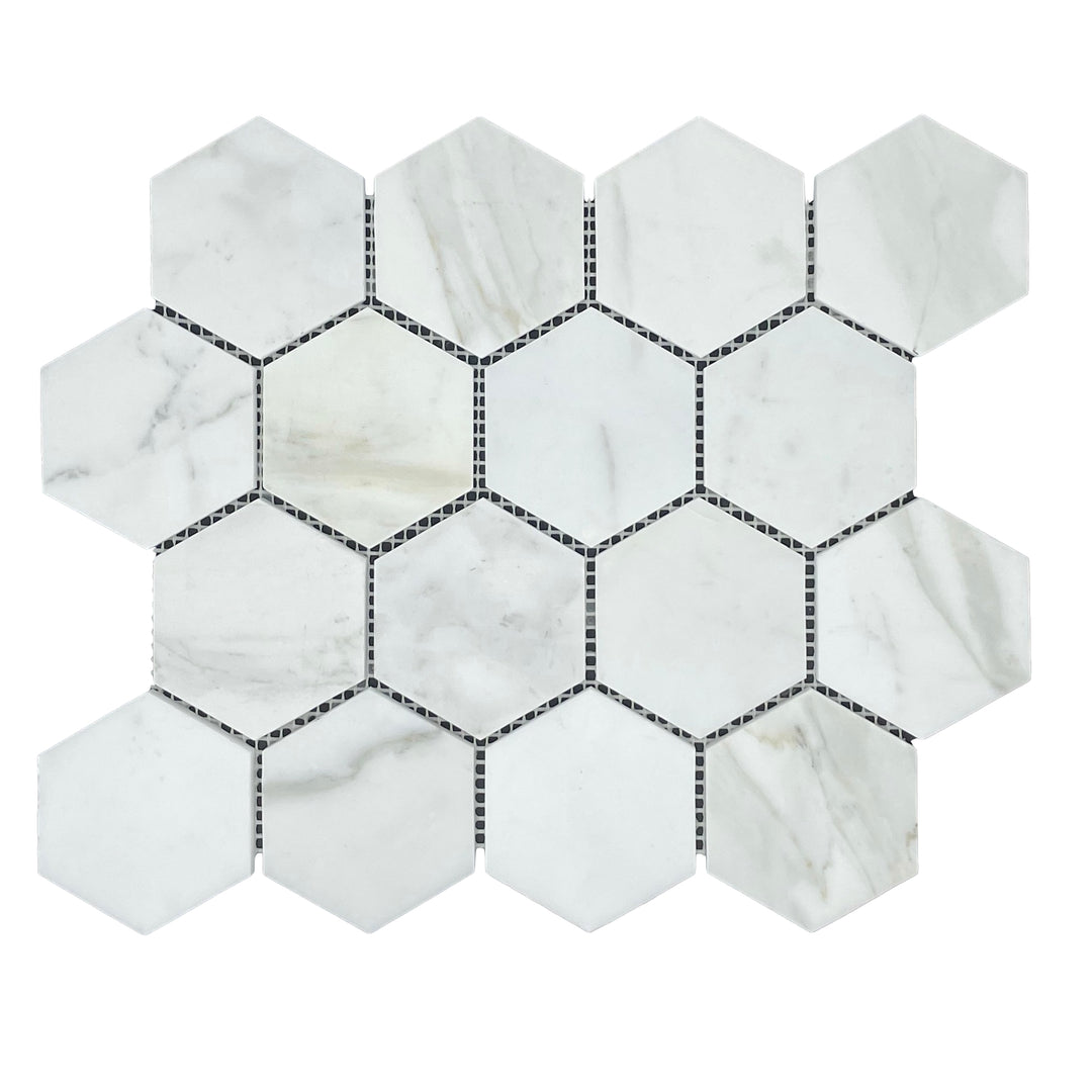 HEXAGON CALACATTA HONED CHIP SIZE 70X80X7MM SHEET SIZE 289X250 - 70HEXCALH -03