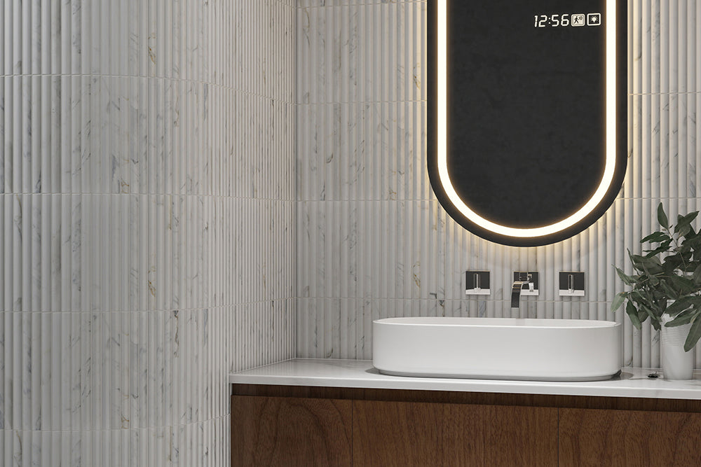 3D Flute Calacatta Natural Stone Mosaic in a room setting