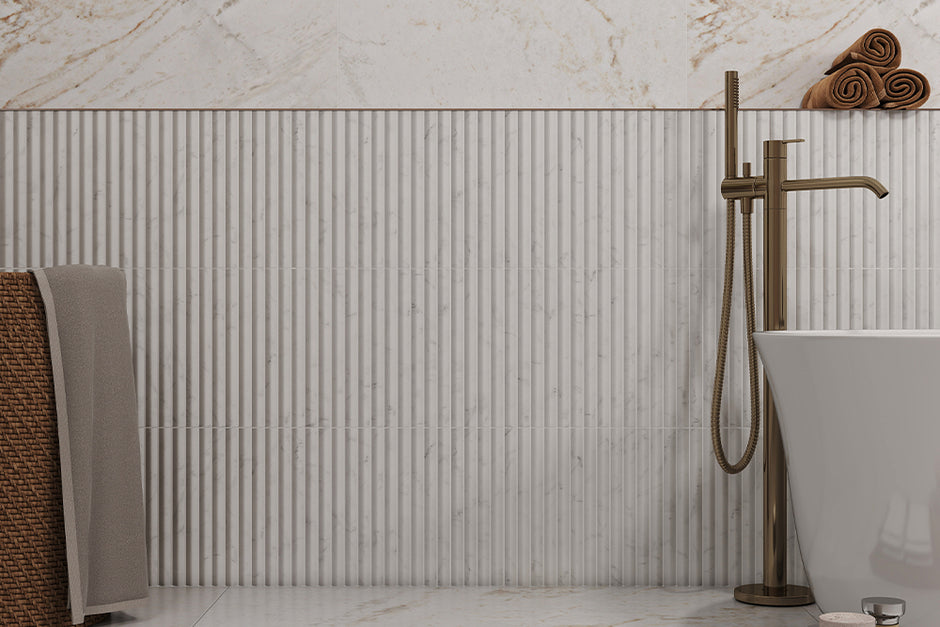 3D Flute Bianco Carrara Natural Stone Mosaic in a room setting