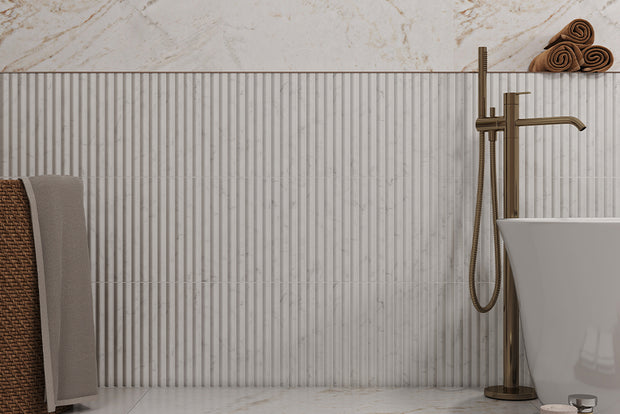 3D Flute Bianco Carrara Natural Stone Mosaic in a room setting
