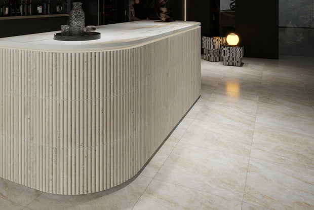 3D Flute Travertine Classico Natural Stone Mosaic in a room setting