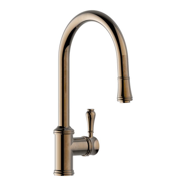 Provincial Single Lever Kitchen Mixer with Pull Out in Natural Brass