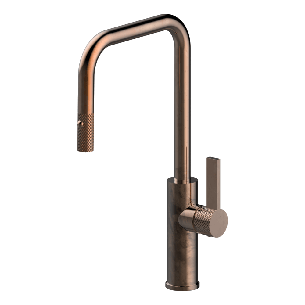 Luz Industrial Pull Out Kitchen Mixer Dual Spray in Natural Brass
