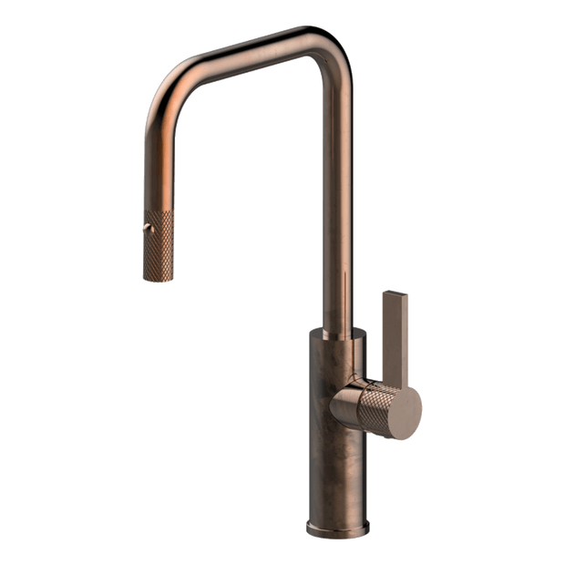 Luz Industrial Pull Out Kitchen Mixer Dual Spray in Natural Brass