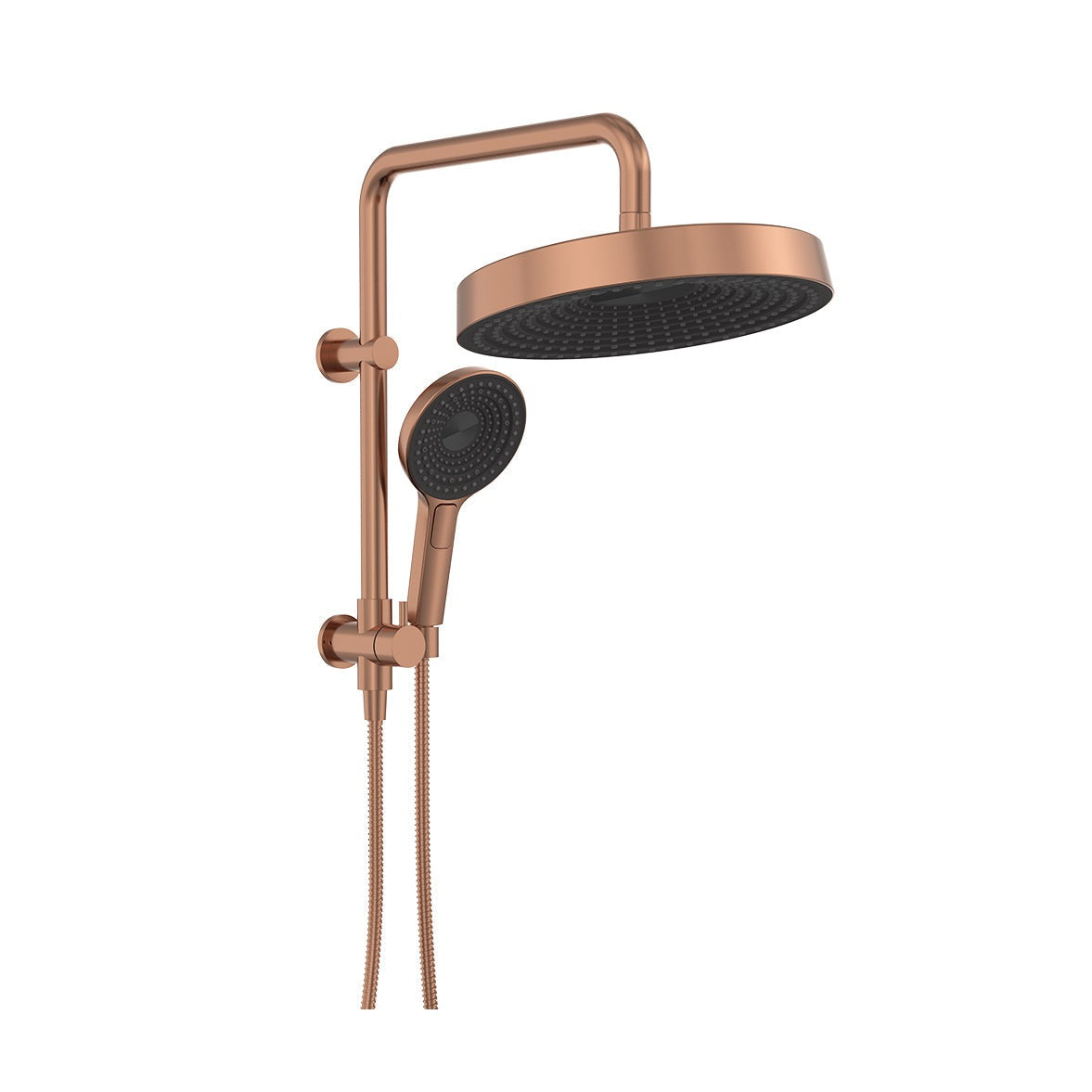 Kuro Twin Half-Rail Shower, Round Head in Brushed Copper