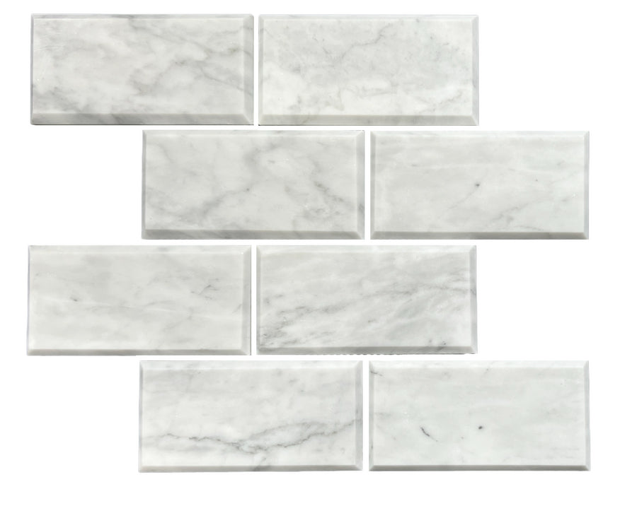 BEVELED SUBWAY CARRARA HONED CHIP SIZE 150X75X10MM SHEET SIZE 302X306X10MM - BEVELED SUBWAY CARRARA HONED 150X75