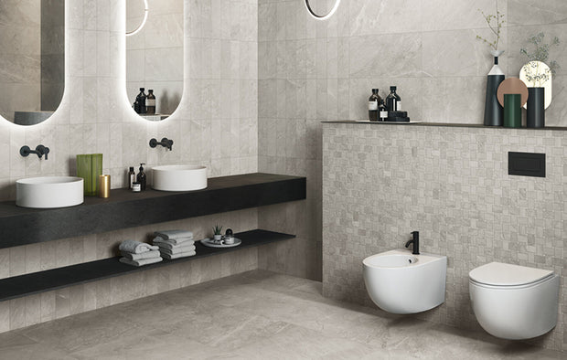 3D Crafted Bardiglio Marble Look Porcelain Tiles in a room setting