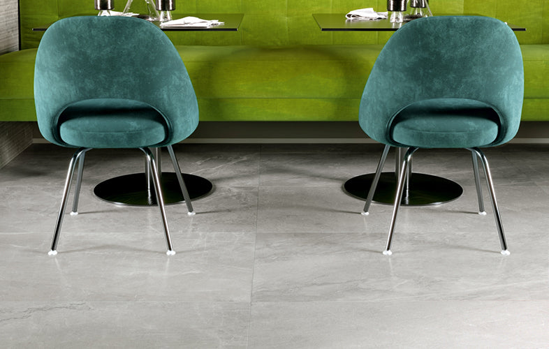 3D Crafted Bardiglio Marble Look Porcelain Tiles in a room setting
