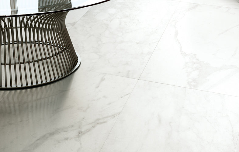 3D Crafted Calacatta Marble Look Porcelain Tiles in a room setting