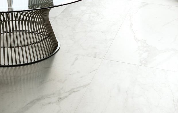 3D Crafted Calacatta Marble Look Porcelain Tiles in a room setting