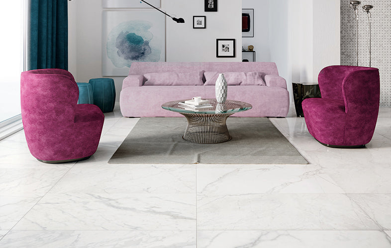 3D Crafted Calacatta Marble Look Porcelain Tiles in a room setting